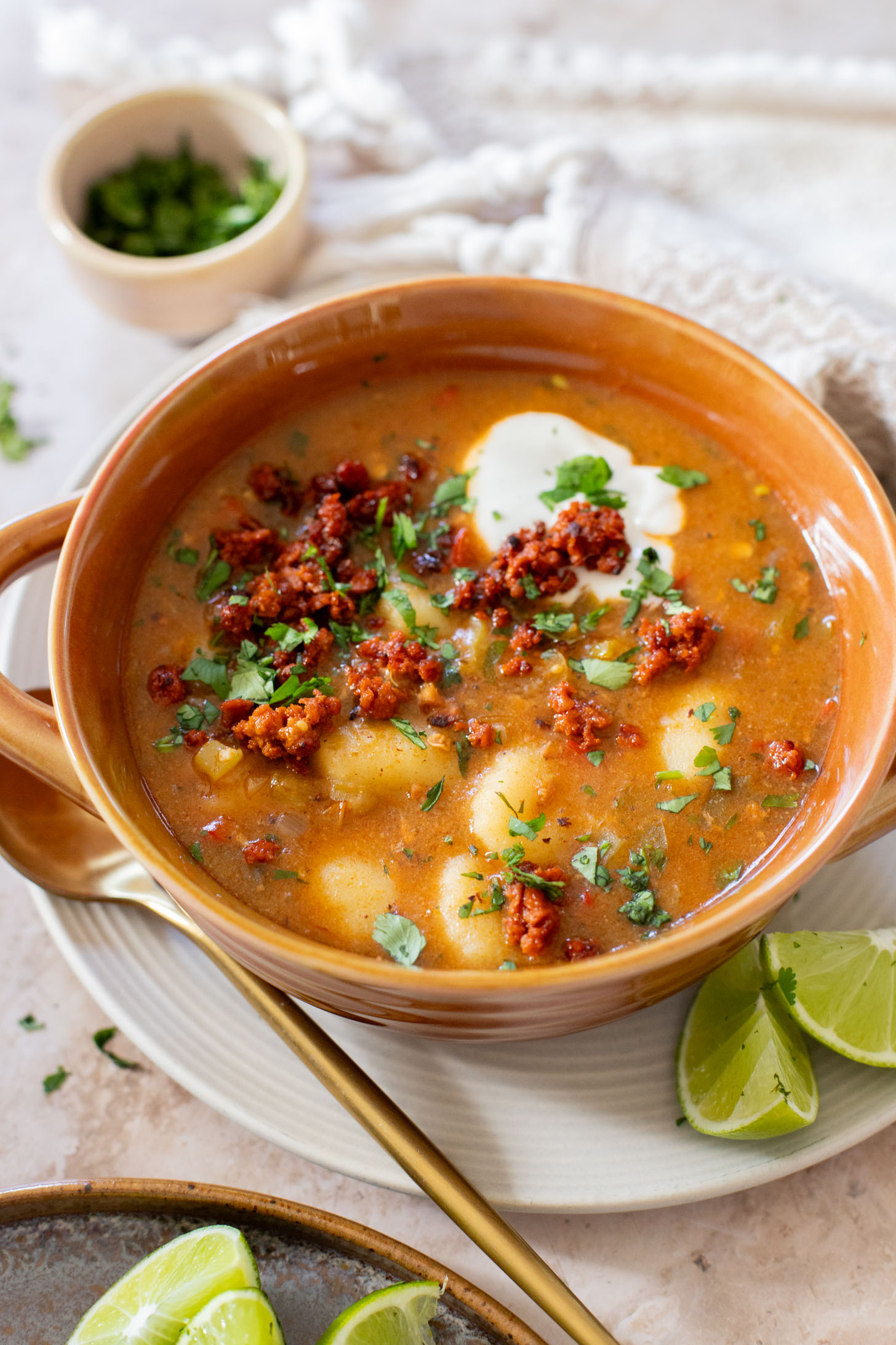 Comforting & cozy, this Salsa Verde Gnocchi Soup is packed with veggies, soy chorizo and tender gnocchi. Plant-based & delicious | ThisSavoryVegan.com