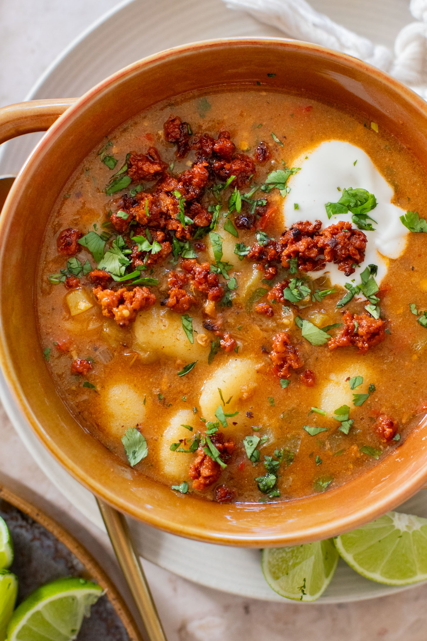 Comforting & cozy, this Salsa Verde Gnocchi Soup is packed with veggies, soy chorizo and tender gnocchi. Plant-based & delicious | ThisSavoryVegan.com