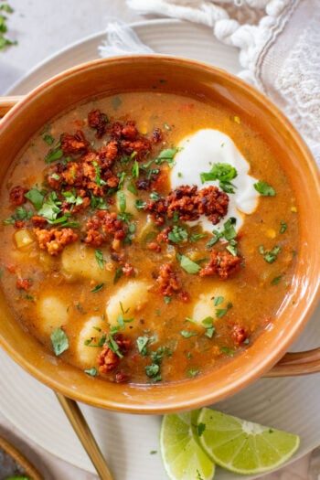 Comforting & cozy, this Salsa Verde Gnocchi Soup is packed with veggies, soy chorizo and tender gnocchi. Plant-based & delicious | ThisSavoryVegan.com