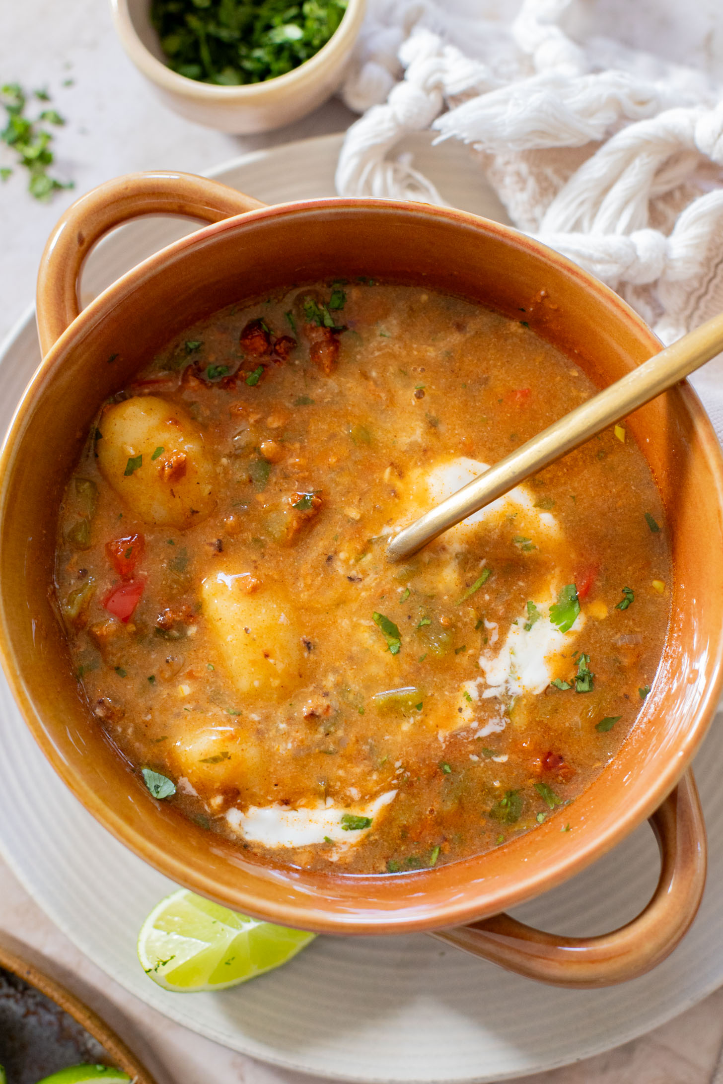 Comforting & cozy, this Salsa Verde Gnocchi Soup is packed with veggies, soy chorizo and tender gnocchi. Plant-based & delicious | ThisSavoryVegan.com