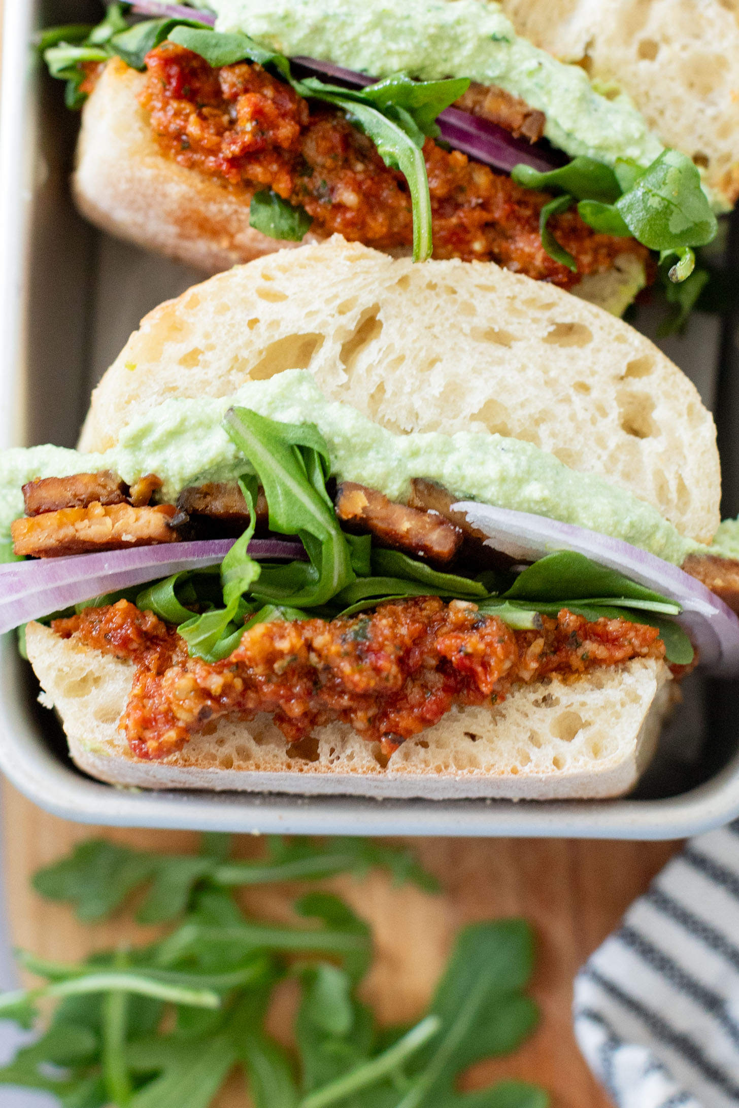 These Spinach Ricotta Tempeh Sandwiches are packed with protein & veggies. A super tasty homemade vegan sandwich recipe | ThisSavoryVegan.com