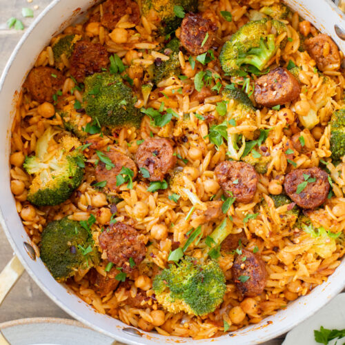 This Vegan Sausage & Broccoli Orzo Skillet is a one pot, vegan dinner that is ready in 40 minutes! Quick, easy & delicious | ThisSavoryVegan.com