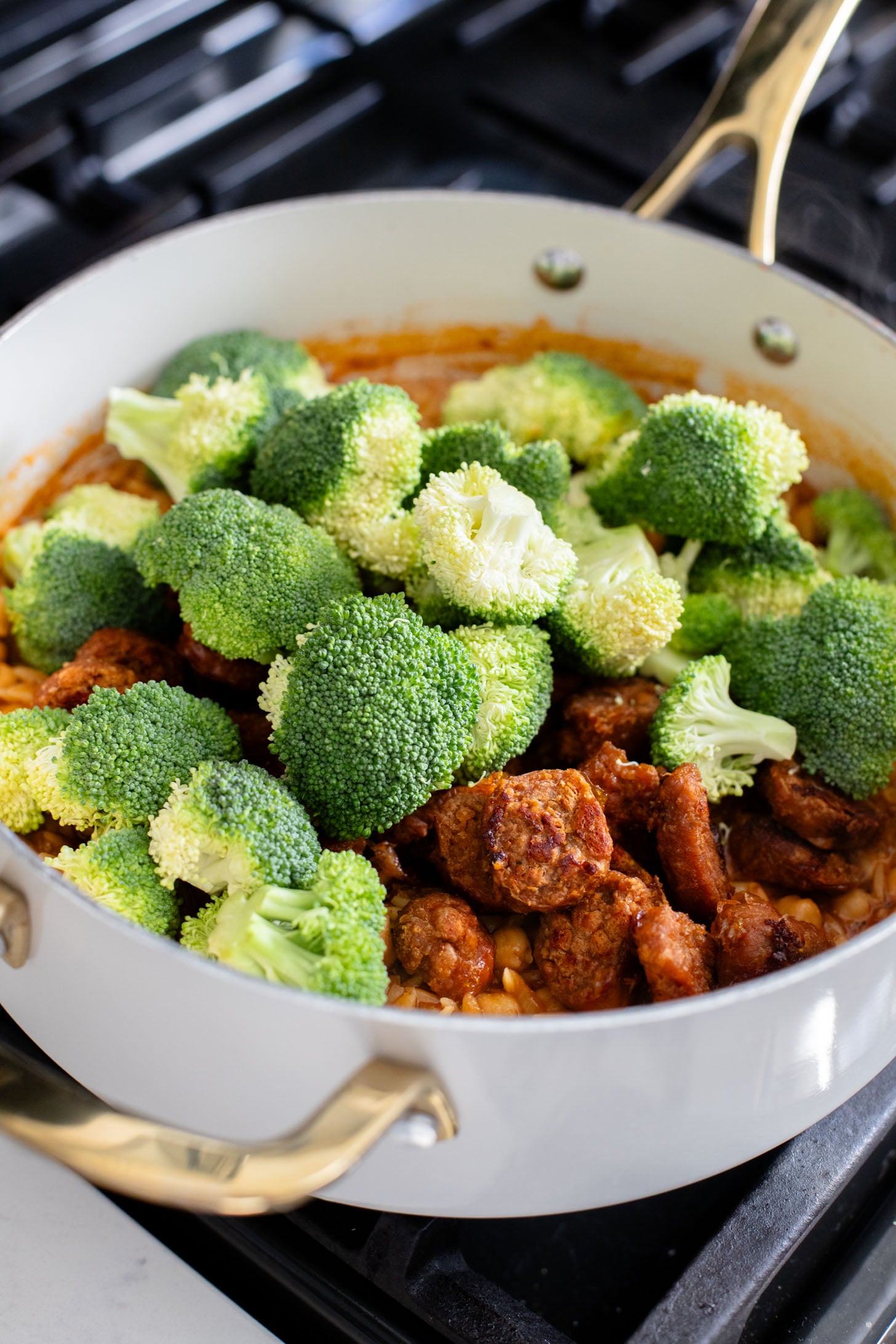This Vegan Sausage & Broccoli Orzo Skillet is a one pot, vegan dinner that is ready in 40 minutes! Quick, easy & delicious | ThisSavoryVegan.com
