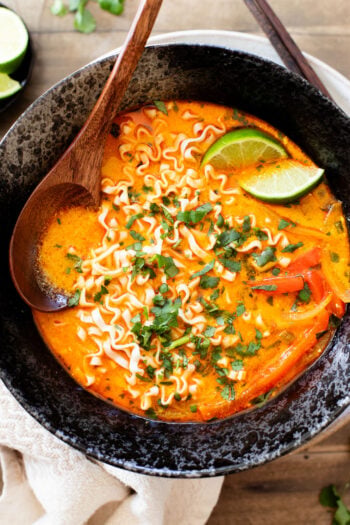 This Veggie Coconut Noodle Soup is perfect when you are craving instant noodles but want something healthier and homemade | ThisSavoryVegan.com