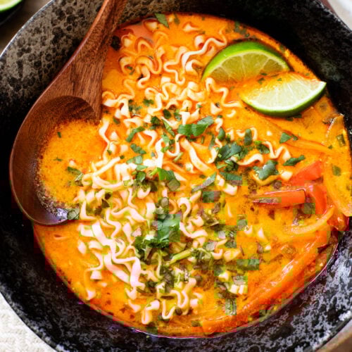 This Veggie Coconut Noodle Soup is perfect when you are craving instant noodles but want something healthier and homemade | ThisSavoryVegan.com