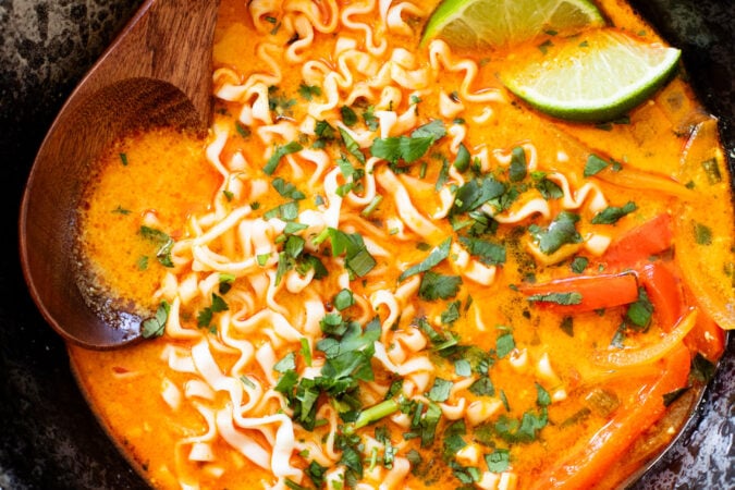 This Veggie Coconut Noodle Soup is perfect when you are craving instant noodles but want something healthier and homemade | ThisSavoryVegan.com