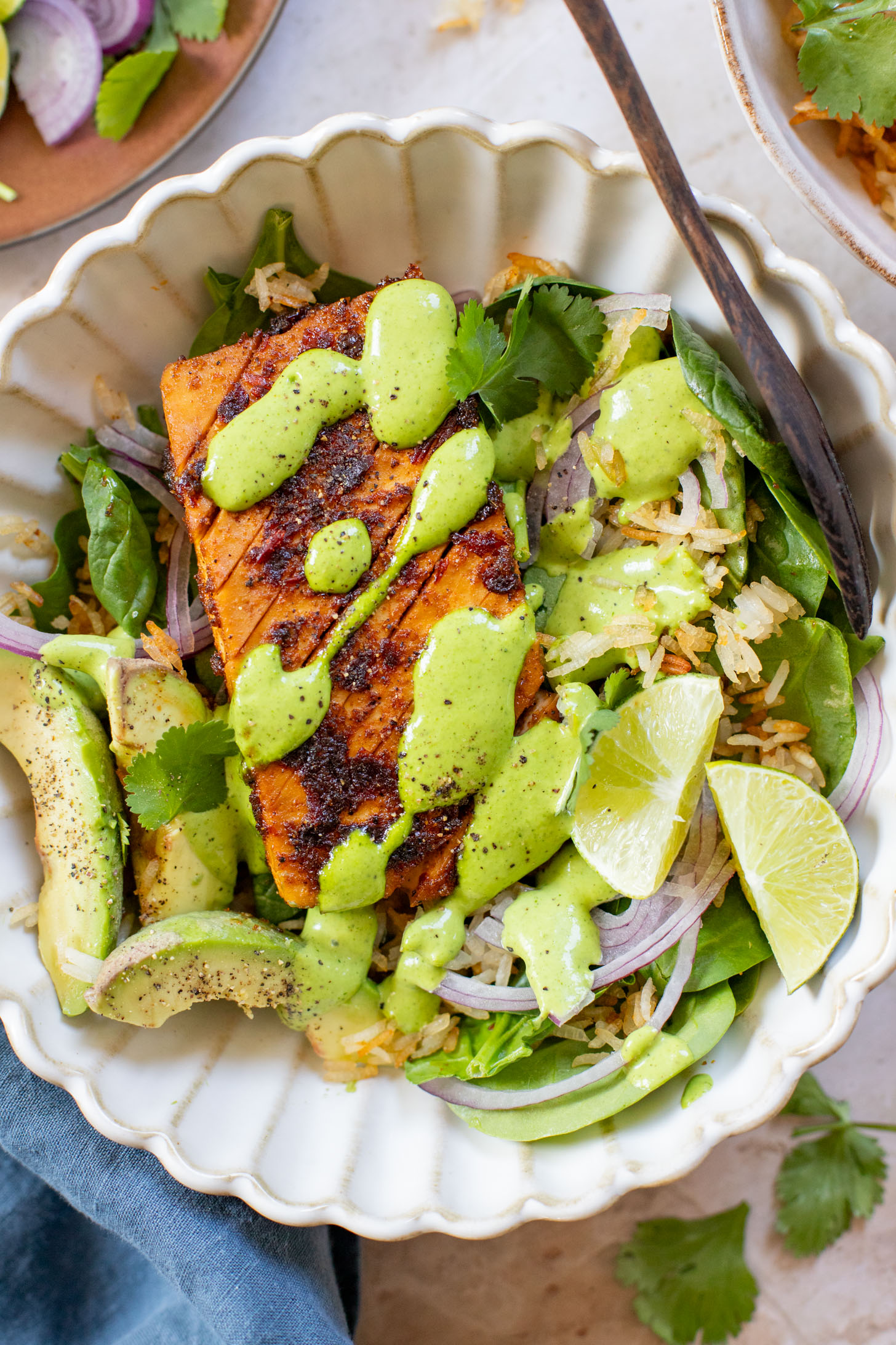 This Crispy Rice Salad with Chipotle Tofu is a vegan dinner that doesn't skimp on flavor. Served with a creamy cilantro dressing | ThisSavoryVegan.com