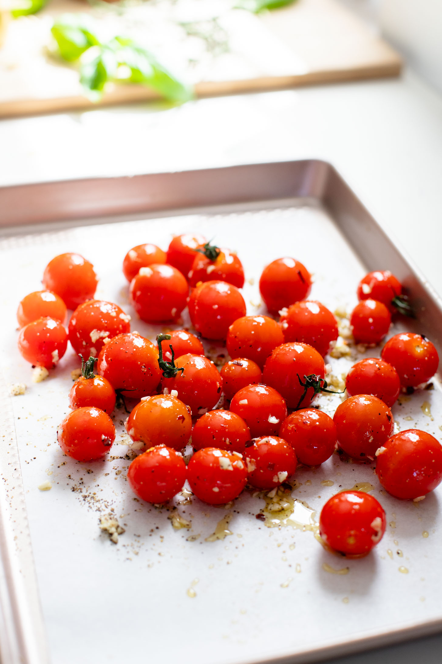 These Roasted Tomato & Ricotta Crostini are the best dairy-free appetizer! Bread slices are topped with vegan parm, tofu ricotta & burst tomatoes | ThisSavoryVegan.com