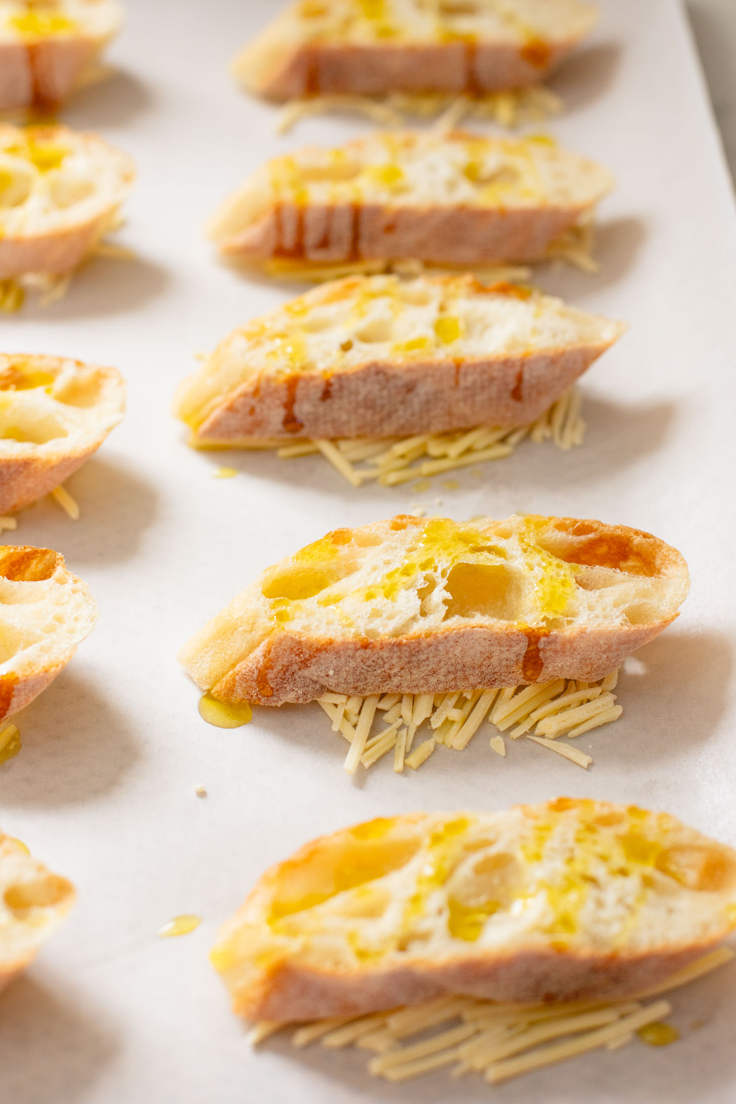 These Roasted Tomato & Ricotta Crostini are the best dairy-free appetizer! Bread slices are topped with vegan parm, tofu ricotta & burst tomatoes | ThisSavoryVegan.com