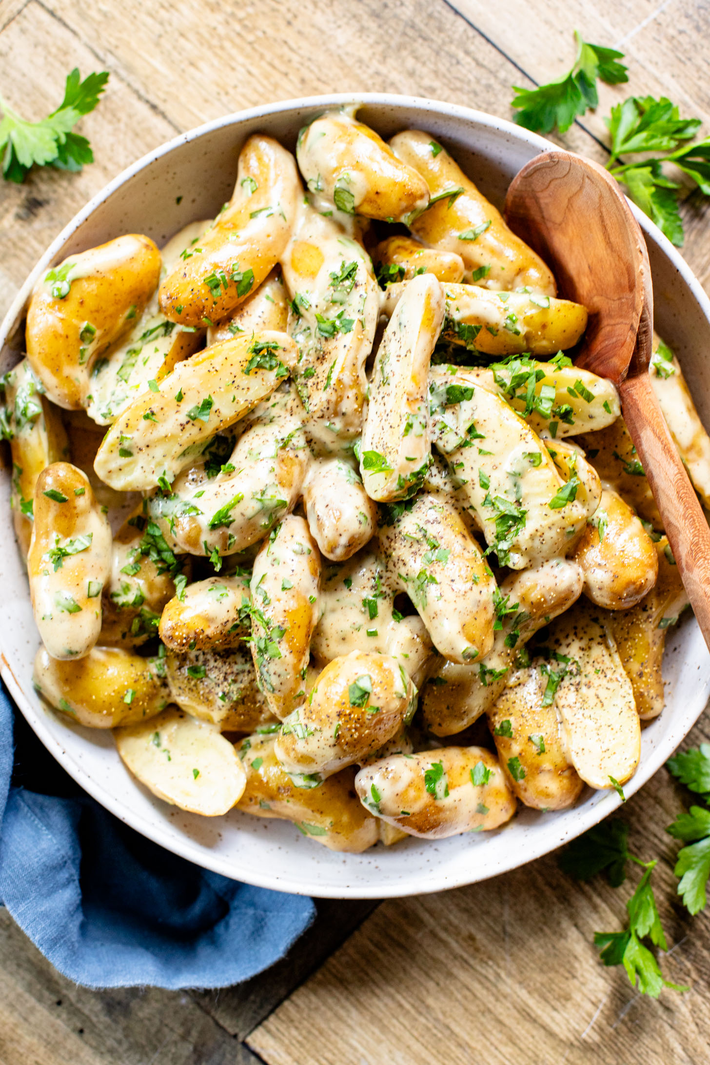 This Vegan Honey Mustard Potato Salad is the perfect spring side dish! Made with fingerling potatoes and a tangy mustard dressing | ThisSavoryVegan.com