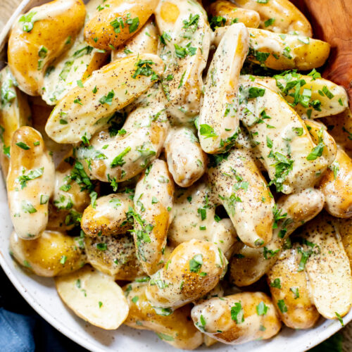 This Vegan Honey Mustard Potato Salad is the perfect spring side dish! Made with fingerling potatoes and a tangy mustard dressing | ThisSavoryVegan.com