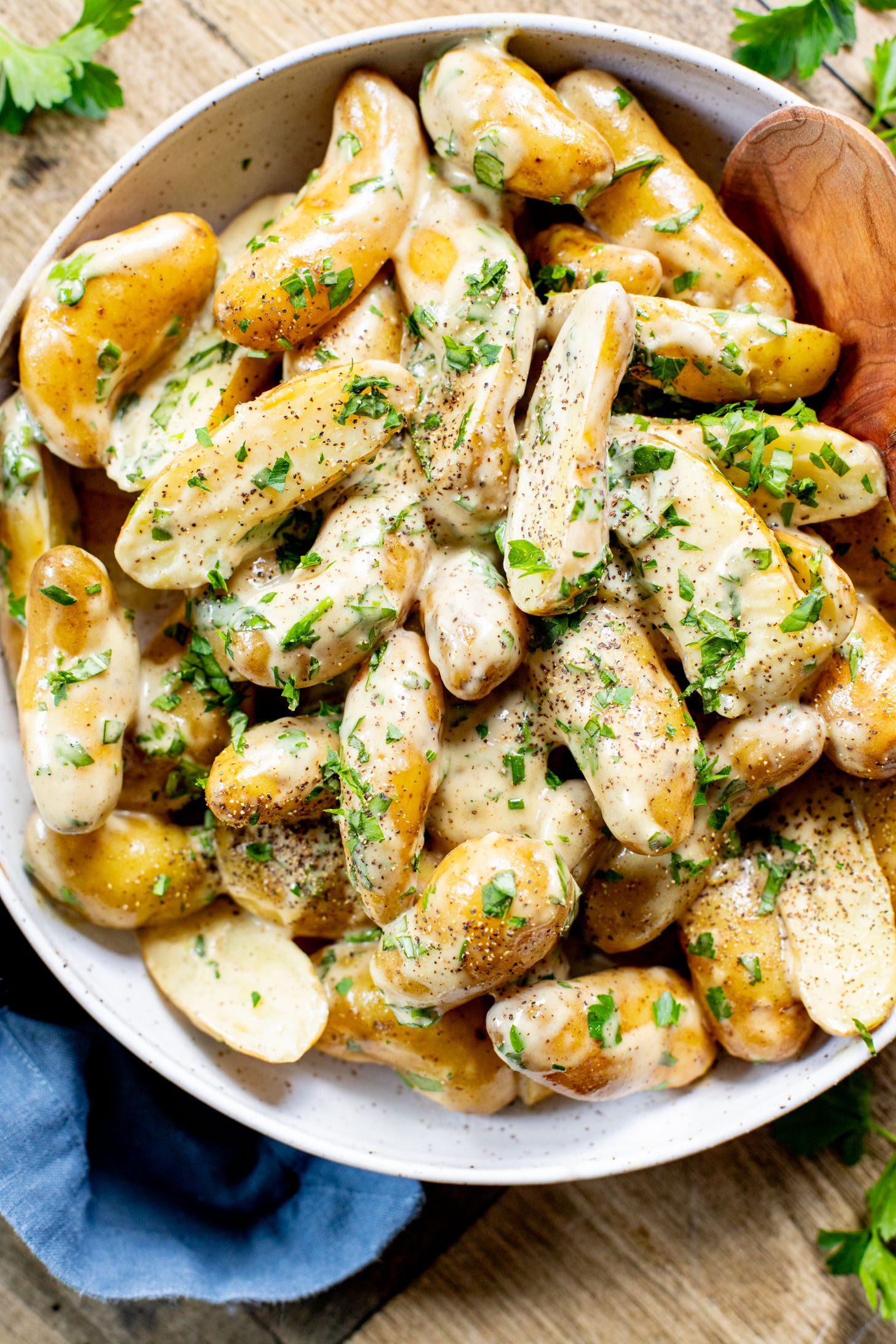This Vegan Honey Mustard Potato Salad is the perfect spring side dish! Made with fingerling potatoes and a tangy mustard dressing | ThisSavoryVegan.com