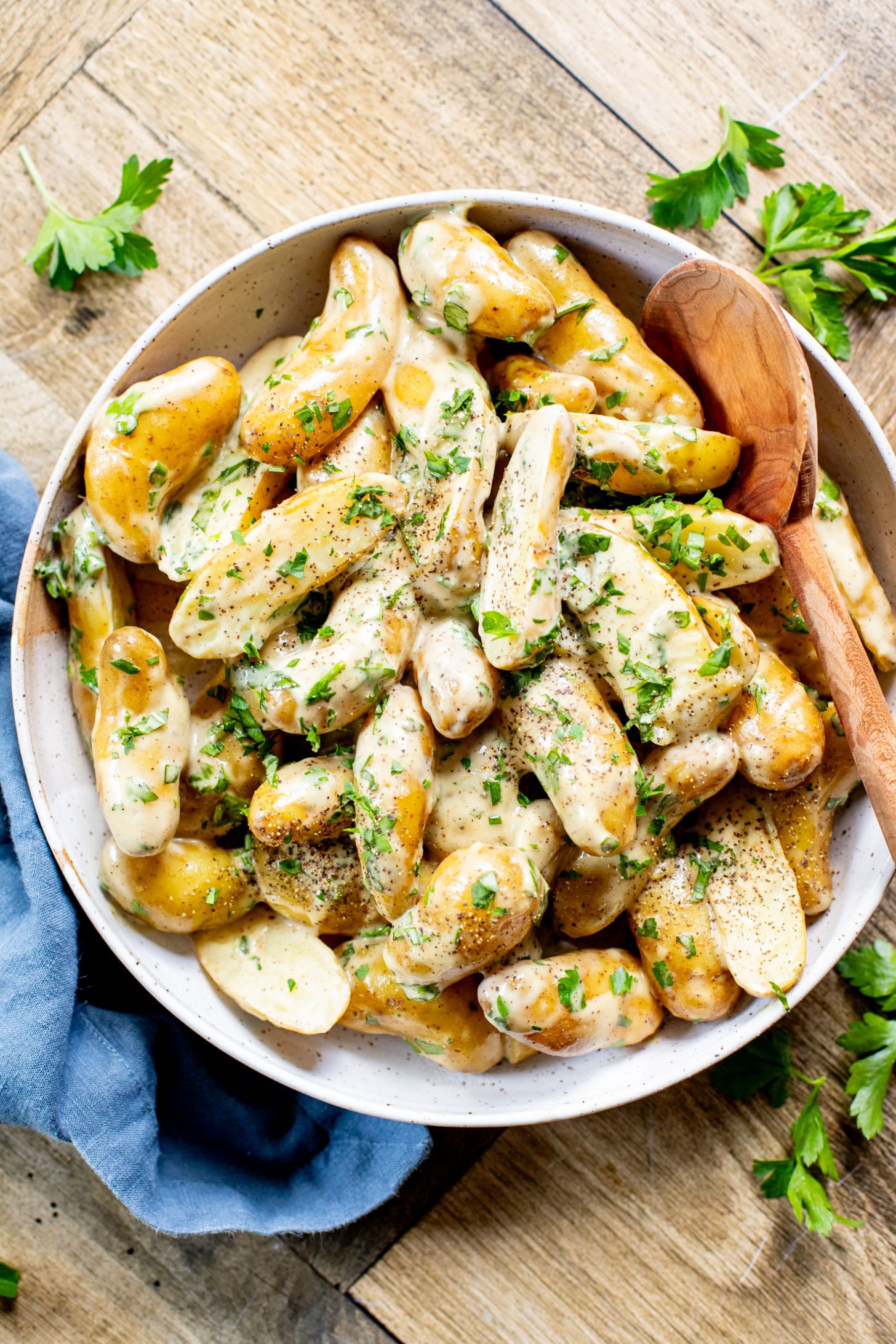 This Vegan Honey Mustard Potato Salad is the perfect spring side dish! Made with fingerling potatoes and a tangy mustard dressing | ThisSavoryVegan.com