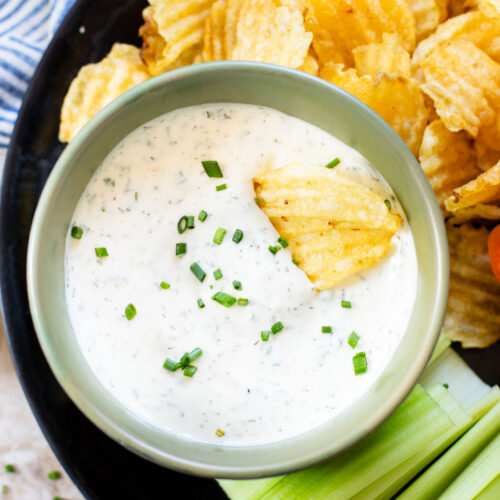 This is seriously the Best Vegan Ranch Dip - you'll never miss the dairy! This vegan dip is perfect for a party or game day snack | ThisSavoryVegan.com
