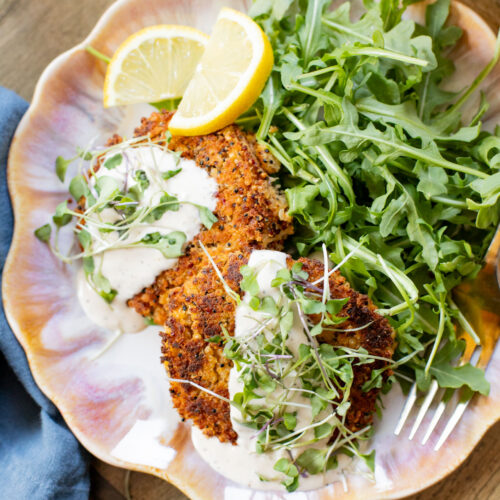 These Crispy Chickpea Quinoa Patties are made with simple ingredients and topped with a dairy-free lemon garlic aioli | ThisSavoryVegan.com