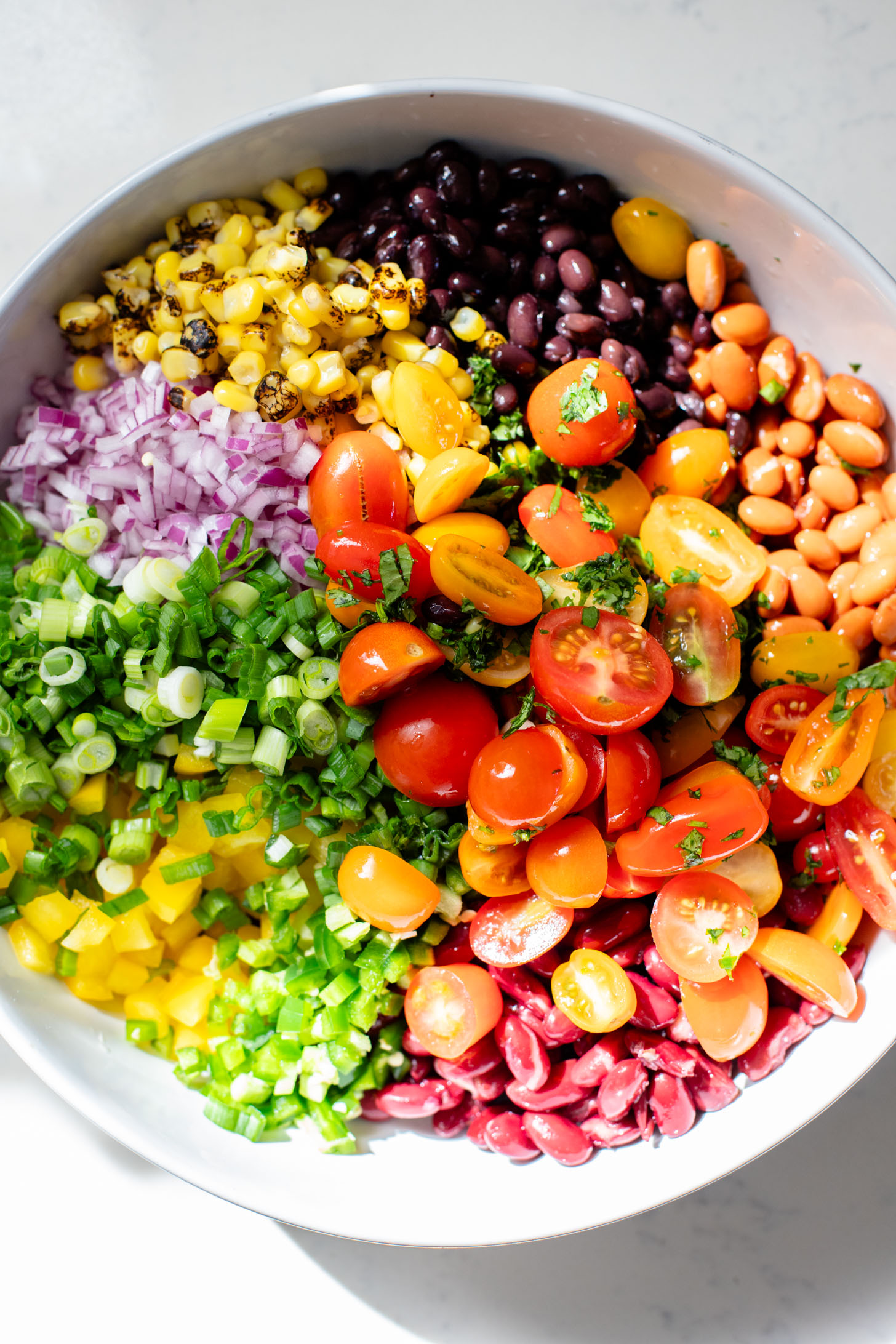 This Dense Bean Taco Salad is the perfect meal prep idea. Three types of beans, lots of veggies and a smoky chipotle dressing | ThisSavoryVegan.com