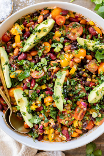 This Dense Bean Taco Salad is the perfect meal prep idea. Three types of beans, lots of veggies and a smoky chipotle dressing | ThisSavoryVegan.com