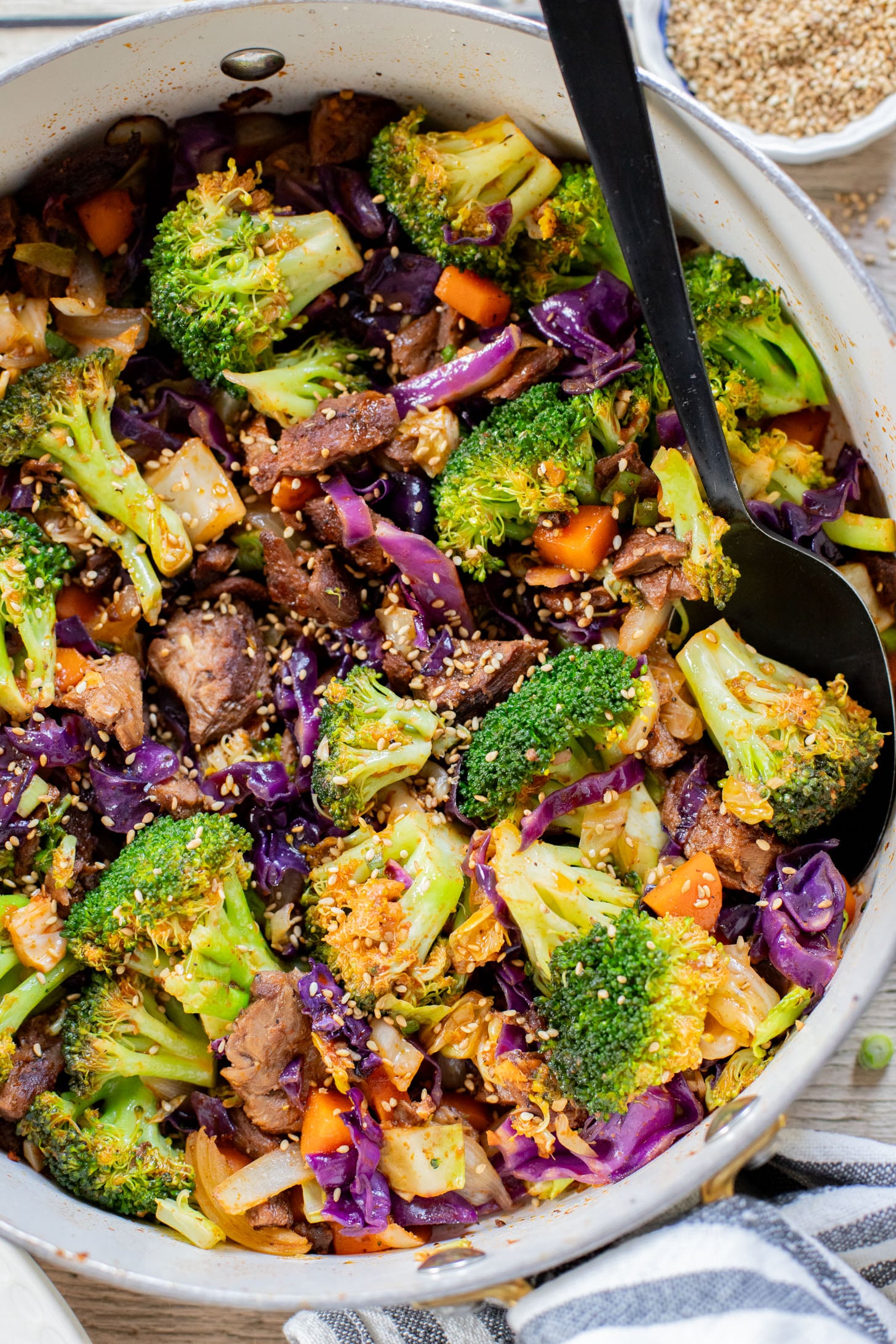 This Vegan Steak Stir-Fry has been on repeat at my house. It is quick, protein-packed and super tasty. The leftovers are great for lunches too | ThisSavoryVegan.com