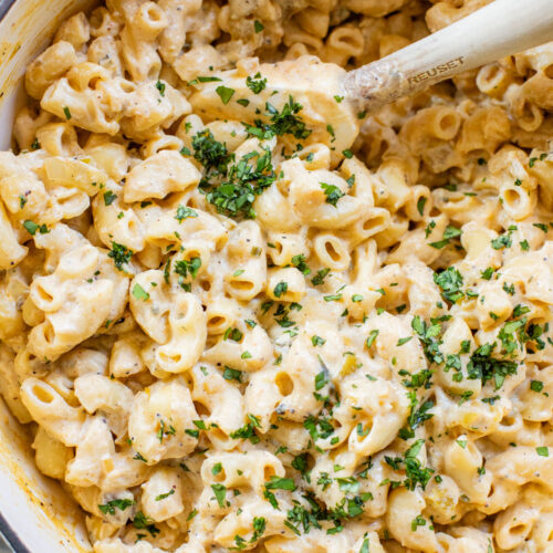 This Creamy Green Chile Macaroni is made in one pot and has some sneaky plant-based protein in the creamy vegan sauce | ThisSavoryVegan.com