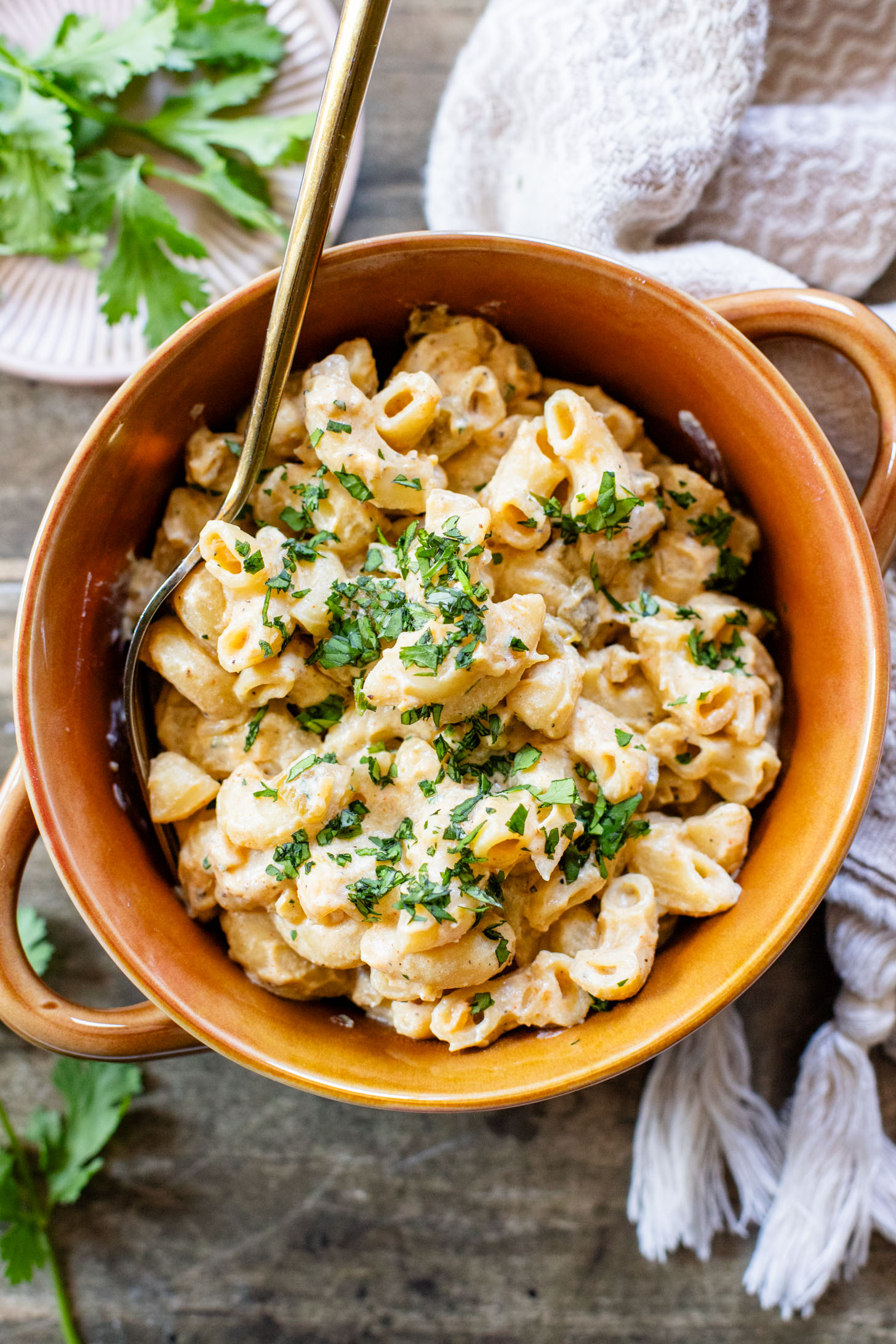 This Creamy Green Chile Macaroni is made in one pot and has some sneaky plant-based protein in the creamy vegan sauce | ThisSavoryVegan.com