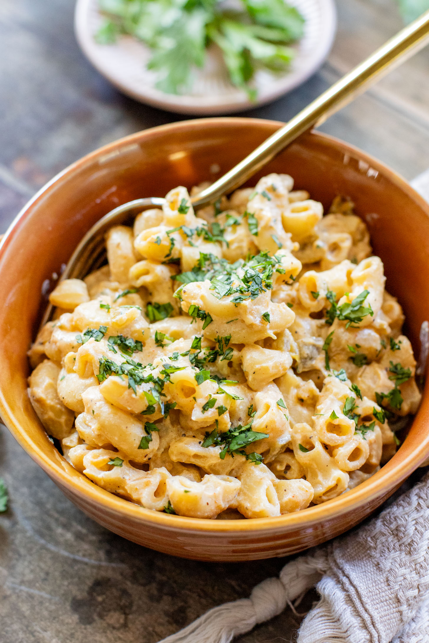 This Creamy Green Chile Macaroni is made in one pot and has some sneaky plant-based protein in the creamy vegan sauce | ThisSavoryVegan.com