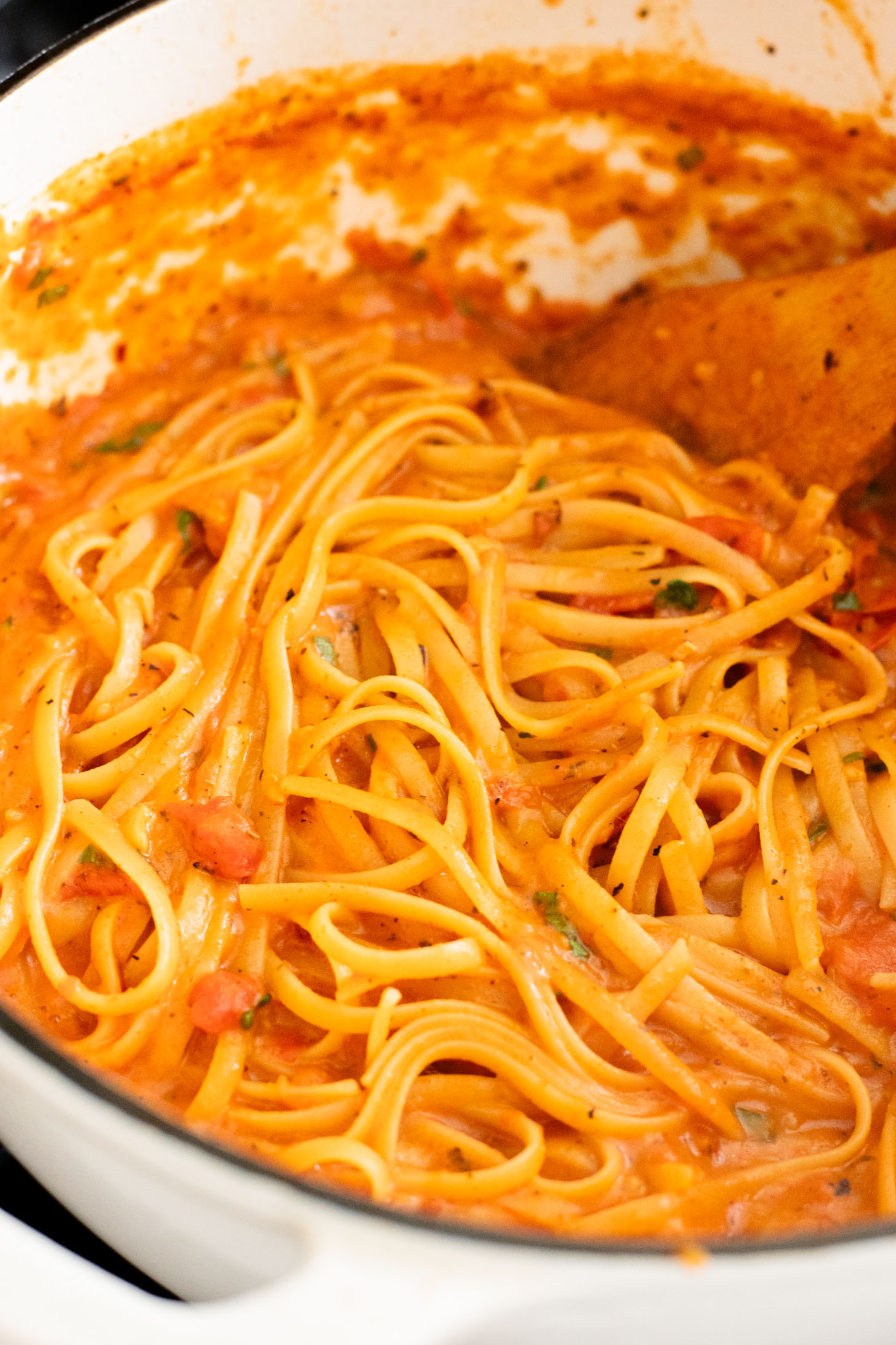 This Creamy Linguine with Crispy Chickpeas is a dairy-free pasta with a sneaky creamy ingredient. The perfect weeknight dinner | ThisSavoryVegan.com