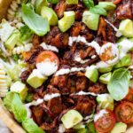 This Vegan BBQ Chicken Pasta Salad is a summer must make! Crisp veggies, charred vegan chicken and the best dairy-free creamy dressing | ThisSavoryVegan.com