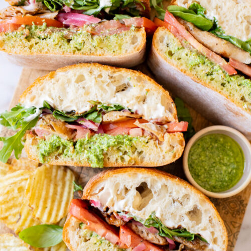 This Vegan Chicken Pesto Sandwich is the ultimate summer sandwich recipe! Perfect for a picnic or beach day | ThisSavoryVegan.com