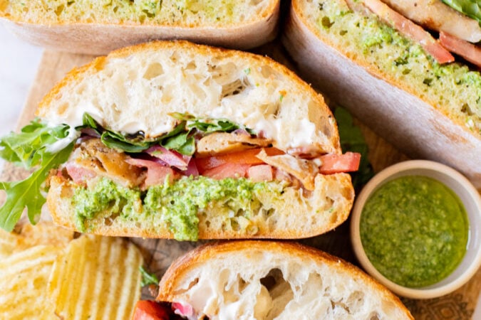 This Vegan Chicken Pesto Sandwich is the ultimate summer sandwich recipe! Perfect for a picnic or beach day | ThisSavoryVegan.com