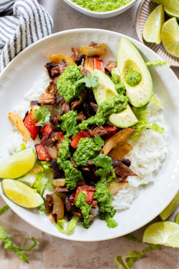 These Vegan Chimichurri Steak Bowls are high in protein and packed with fresh flavors. A quick and easy weeknight dinner | ThisSavoryVegan.com