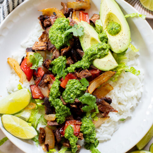 These Vegan Chimichurri Steak Bowls are high in protein and packed with fresh flavors. A quick and easy weeknight dinner | ThisSavoryVegan.com
