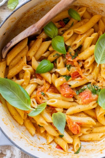 This 5-Ingredient Tomato Basil Penne is a quick, one-pot dinner! The cherry tomatoes & dairy-free cream make the best pasta sauce | ThisSavoryVegan.com