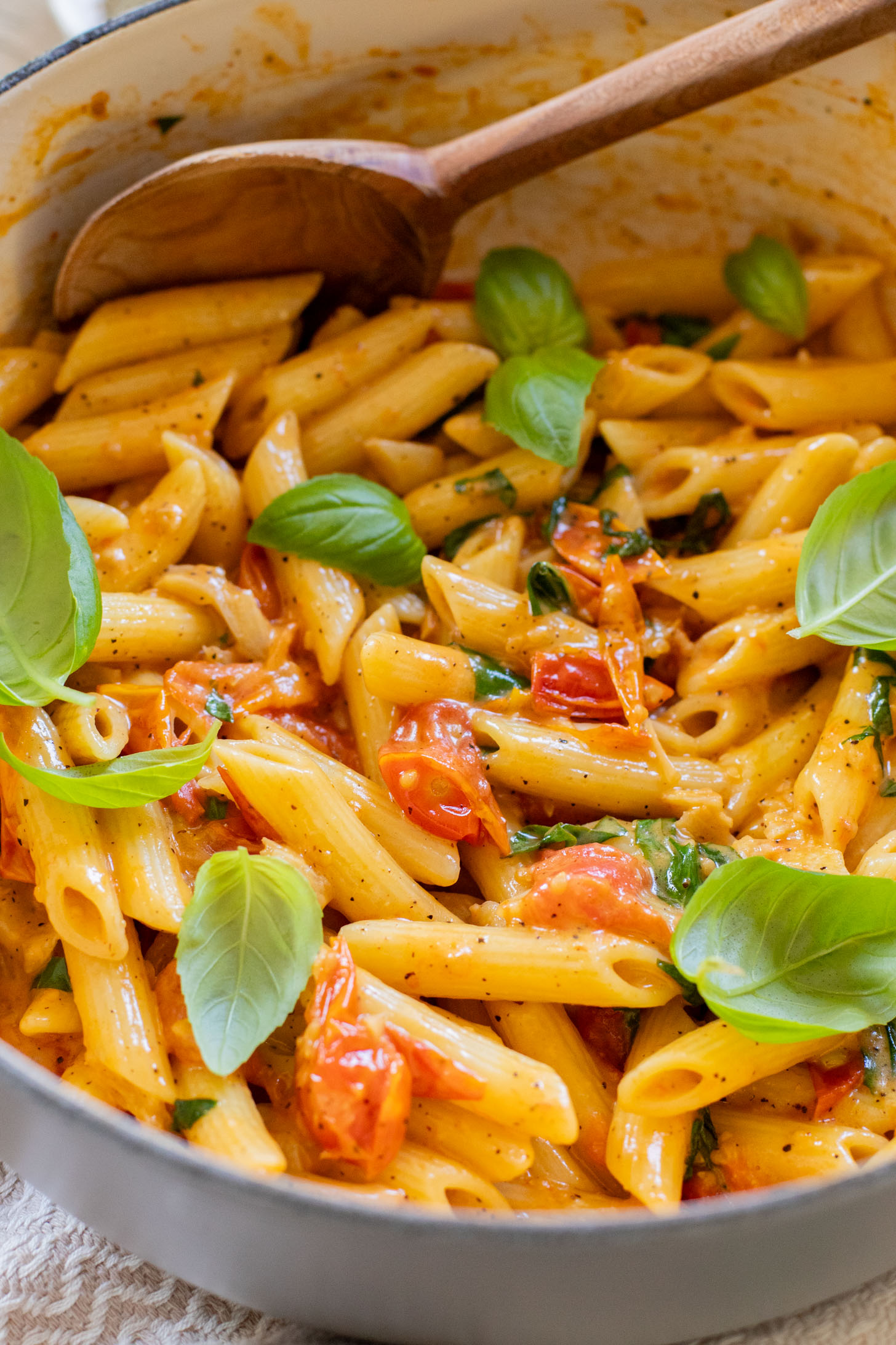 This 5-Ingredient Tomato Basil Penne is a quick, one-pot dinner! The cherry tomatoes & dairy-free cream make the best pasta sauce | ThisSavoryVegan.com