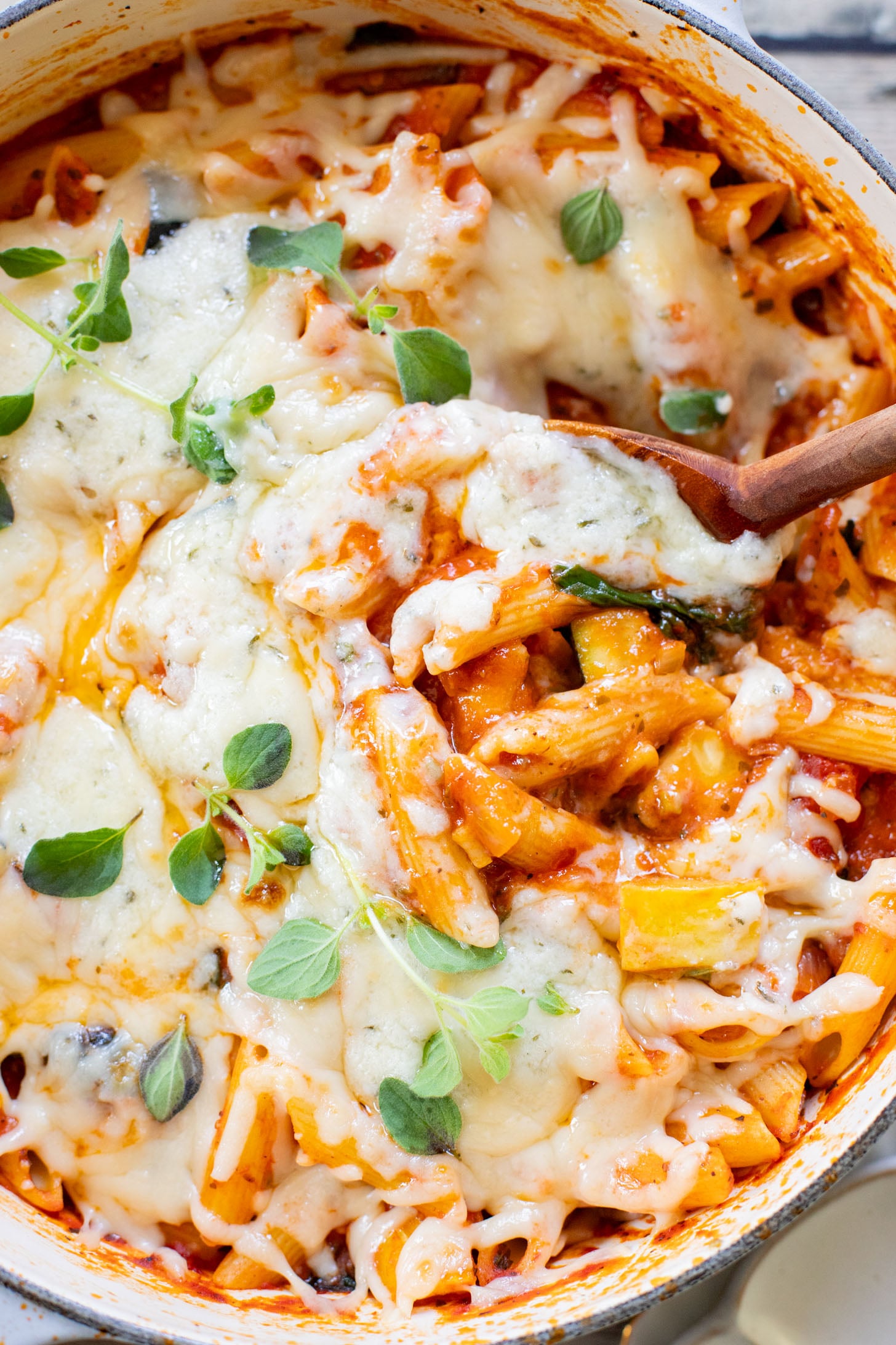 This Cheesy Zucchini Penne is a one-pot, dairy-free dinner! Packed with summer squash, marinara and a cheesy topping | ThisSavoryVegan.com