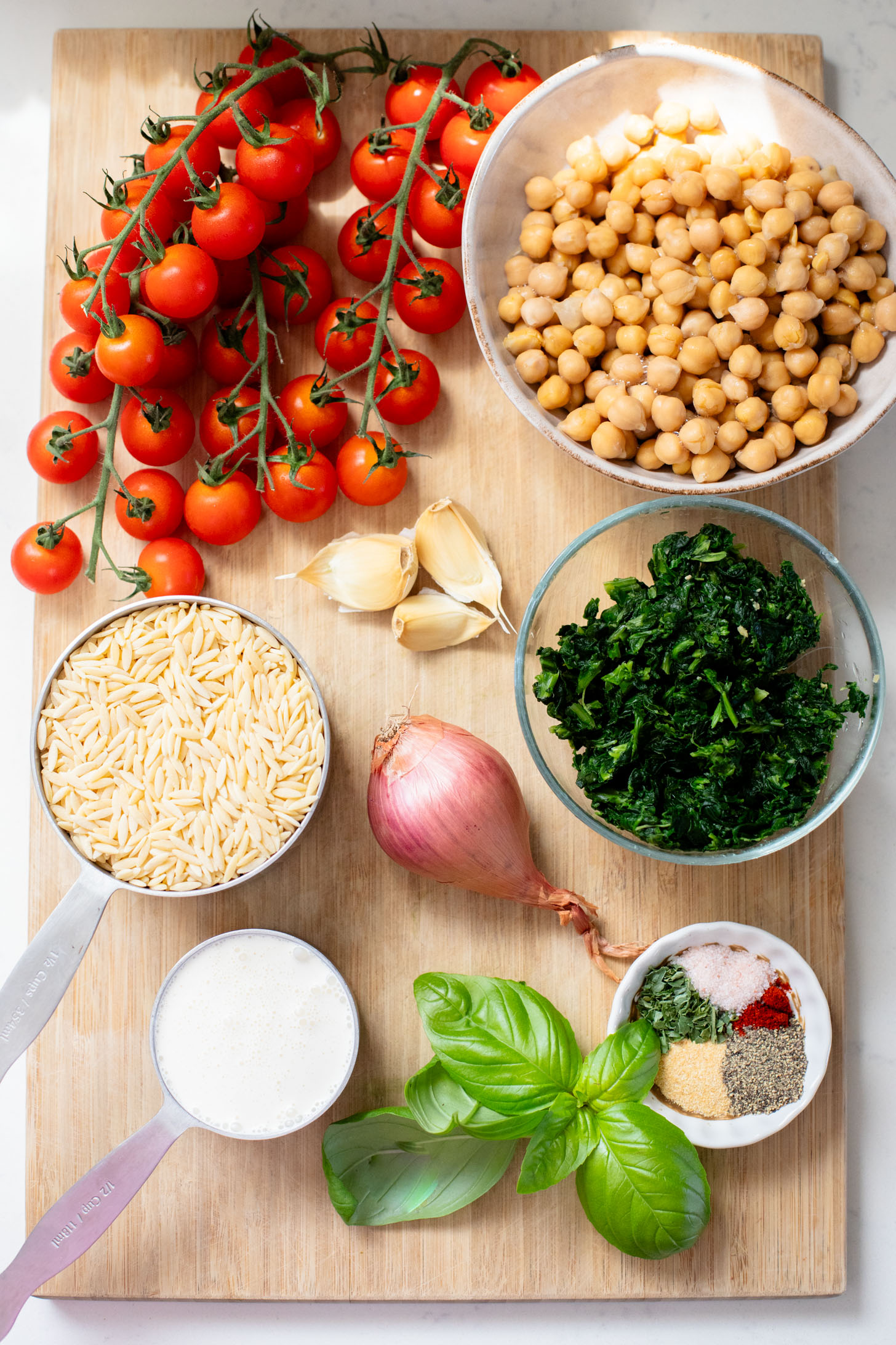 Creamy Spinach Orzo with Burst Tomatoes - This Savory Vegan