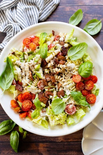 This Vegan BLT Caesar Pasta Salad is the perfect addition to your next picnic or BBQ. Made with the best dairy-free Caesar dressing | ThisSavoryVegan.com