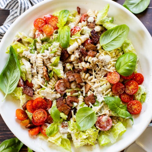 This Vegan BLT Caesar Pasta Salad is the perfect addition to your next picnic or BBQ. Made with the best dairy-free Caesar dressing | ThisSavoryVegan.com