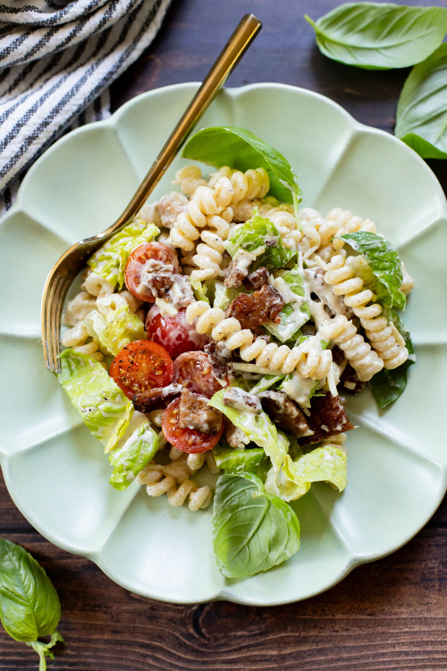 This Vegan BLT Caesar Pasta Salad is the perfect addition to your next picnic or BBQ. Made with the best dairy-free Caesar dressing | ThisSavoryVegan.com