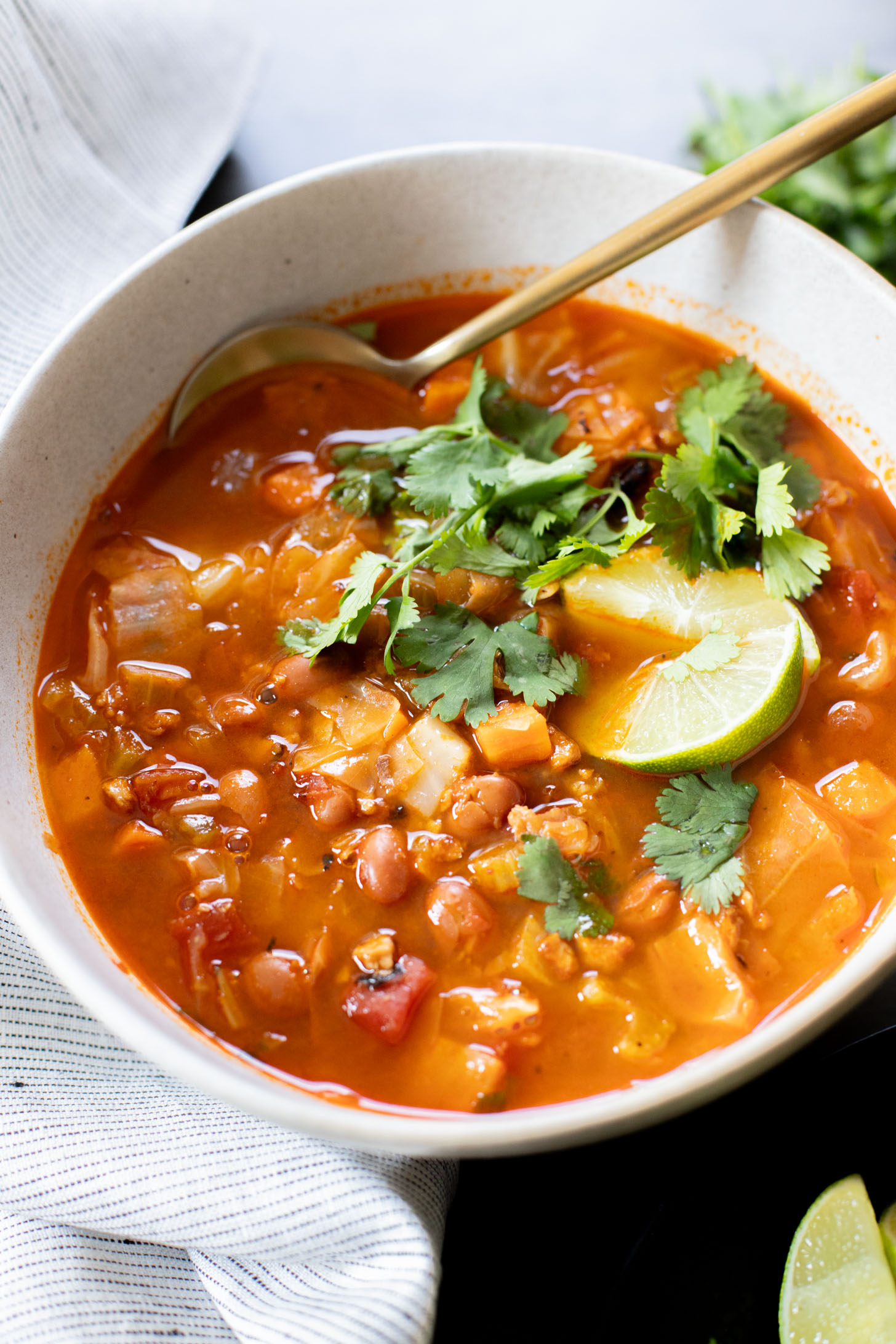 This Smoky Cabbage Soup is a healthy blend of tender cabbage, pinto beans & soy chorizo. Plant-based soup that is easy & delicious | ThisSavoryVegan.com