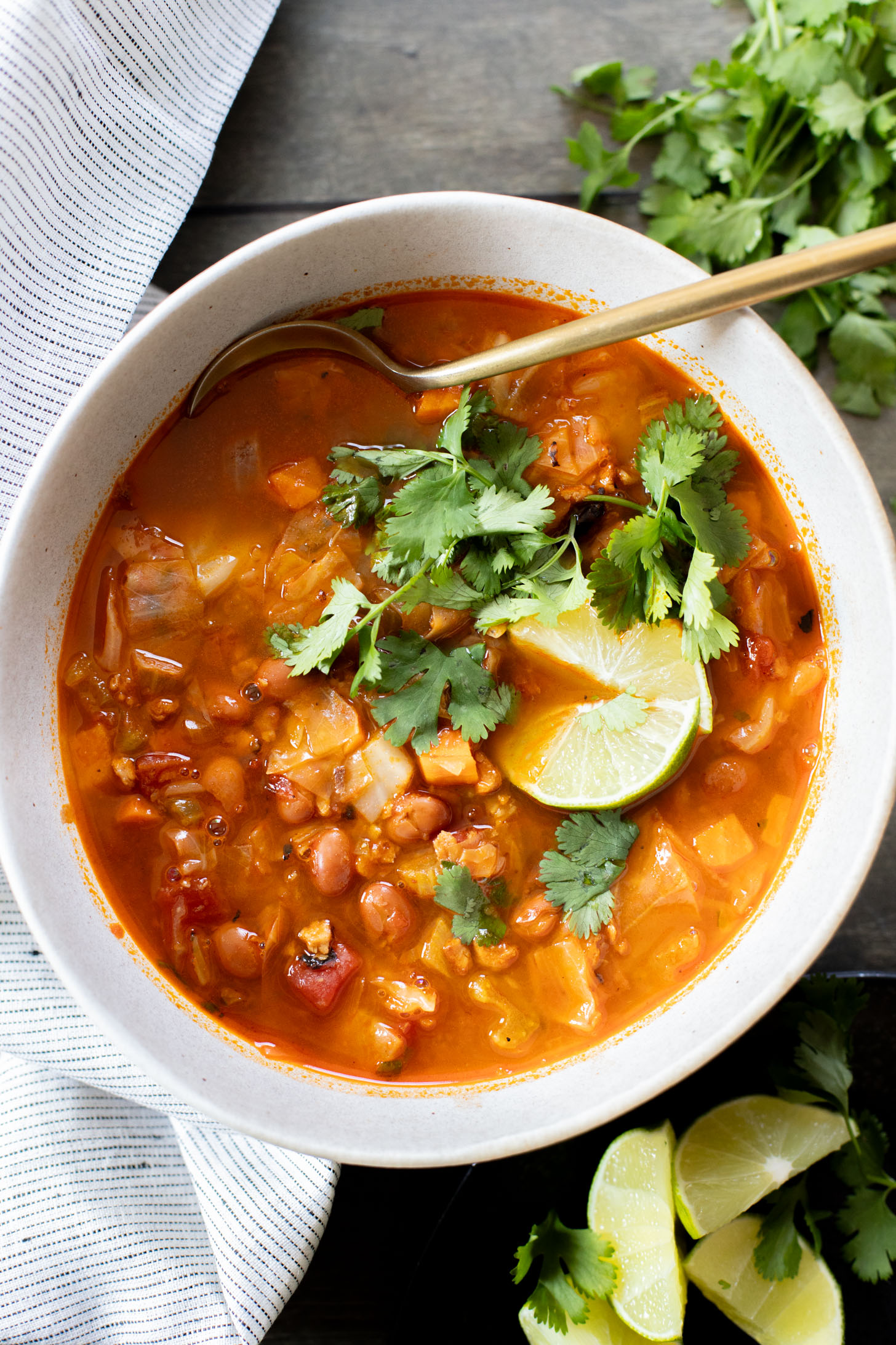 This Smoky Cabbage Soup is a healthy blend of tender cabbage, pinto beans & soy chorizo. Plant-based soup that is easy & delicious | ThisSavoryVegan.com