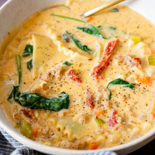 This Creamy Vegan Lasagna Soup is comfort food in a bowl. It is a cozy, one-pot dinner that the whole family will love | ThisSavoryVegan.com