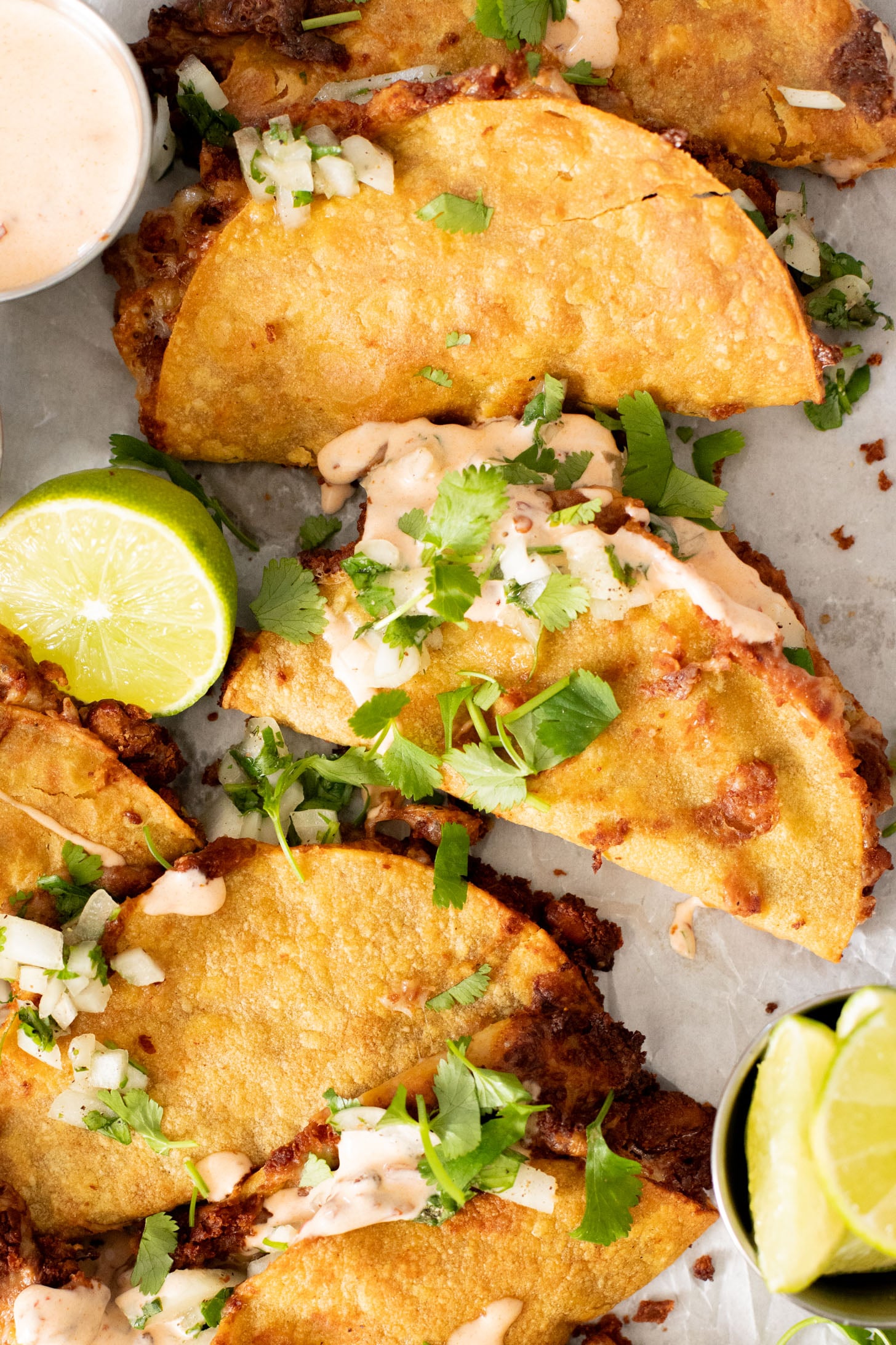 These Cheesy Bean Tacos are the perfect family weeknight dinner. Tortillas are stuffed with dairy-free cheese & beans and baked until crispy | ThisSavoryVegan.com
