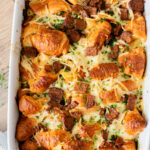 This Vegan Croissant Breakfast Casserole is made with flakey vegan croissants, tempeh bacon and vegan eggs | ThisSavoryVegan.com