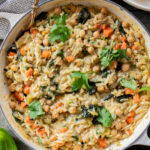 This Lemon Mustard Chickpeas & Orzo recipe is the perfect skillet dinner. Simple flavors like mustard, lemon juice & fresh herbs bring this one together | ThisSavoryVegan.com
