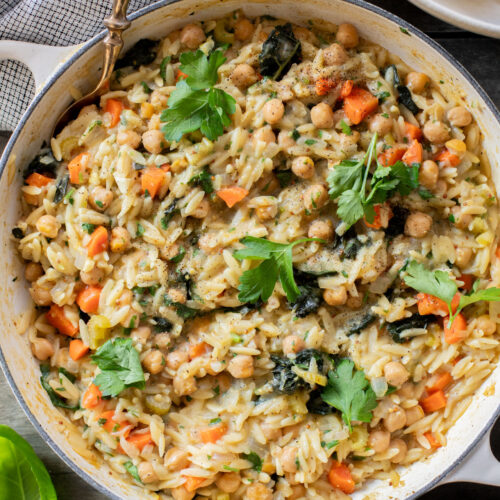 This Lemon Mustard Chickpeas & Orzo recipe is the perfect skillet dinner. Simple flavors like mustard, lemon juice & fresh herbs bring this one together | ThisSavoryVegan.com