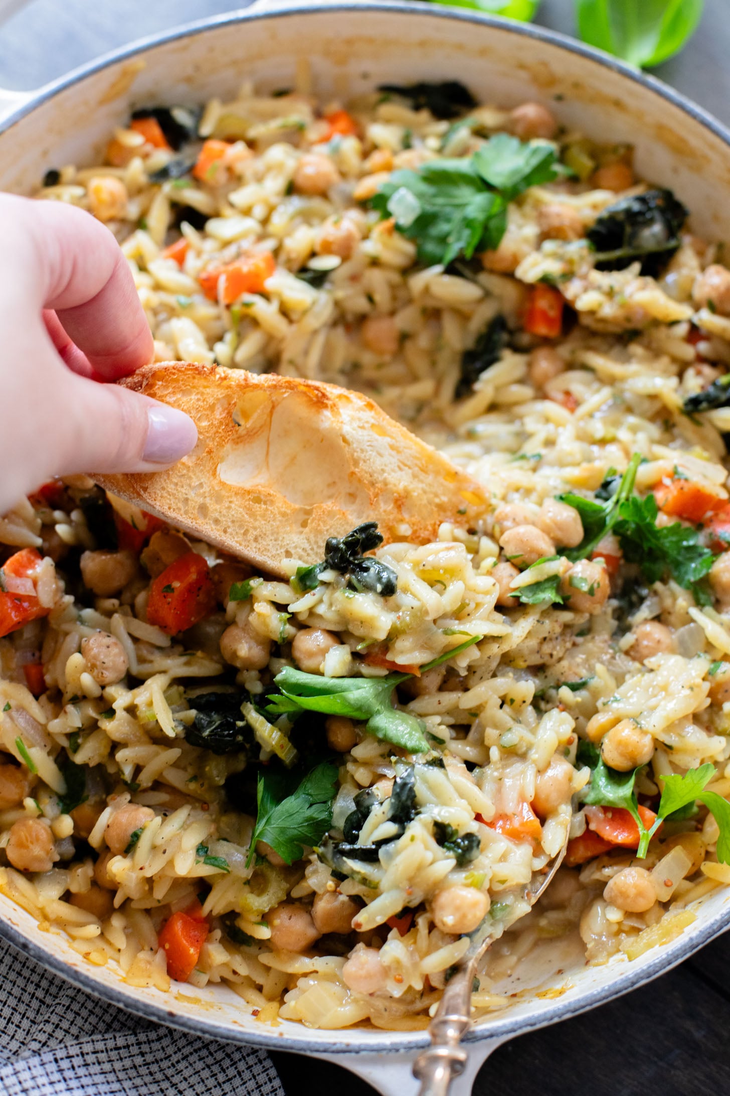 This Lemon Mustard Chickpeas & Orzo recipe is the perfect skillet dinner. Simple flavors like mustard, lemon juice & fresh herbs bring this one together | ThisSavoryVegan.com