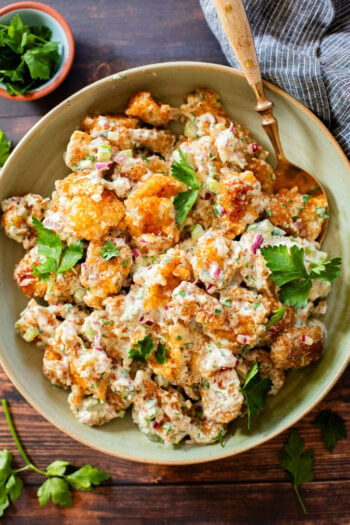 This Smashed Tater Tot Potato Salad is a party must make! The tots are crispy, the dressing is delicious and it is dairy-free | ThisSavoryVegan.com