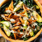 This Vegan Chicken Avocado Kale Salad is made with crisp veggies, charred vegan chicken and the best tahini ranch | ThisSavoryVegan.com