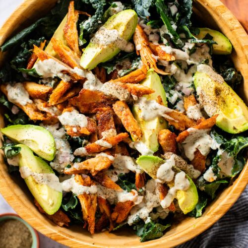 This Vegan Chicken Avocado Kale Salad is made with crisp veggies, charred vegan chicken and the best tahini ranch | ThisSavoryVegan.com