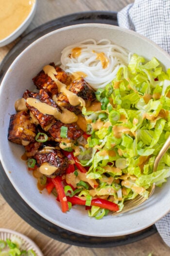 These Hoisin Tempeh Peanut Noodle Bowls are the perfect quick dinner! Crispy tempeh, rice noodles, veggies and the BEST peanut sauce | ThisSavoryVegan.com